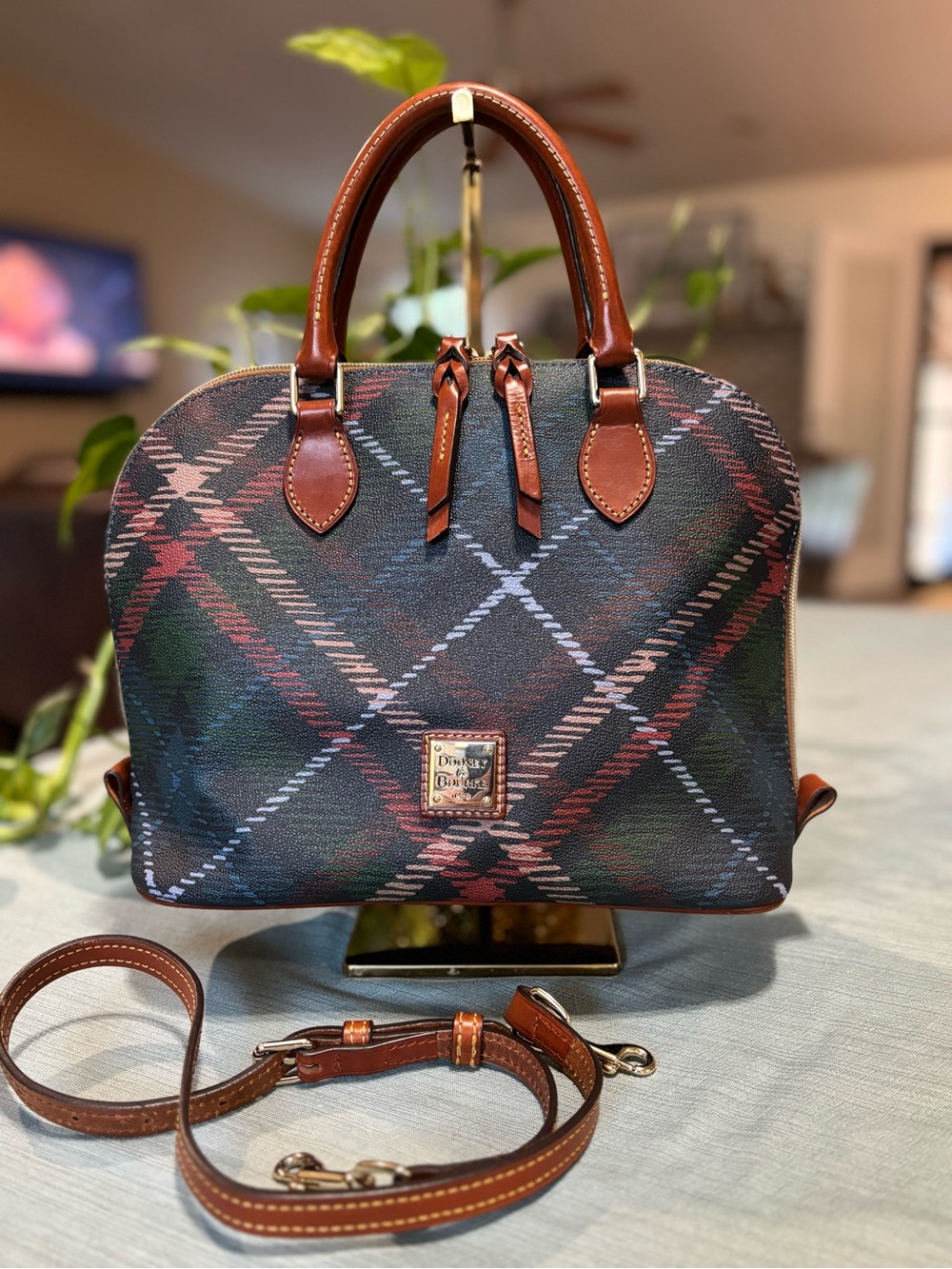 Dooney & Bourke Green Blues Burgundy Plaid Leather-Trim Satchel detachable strap